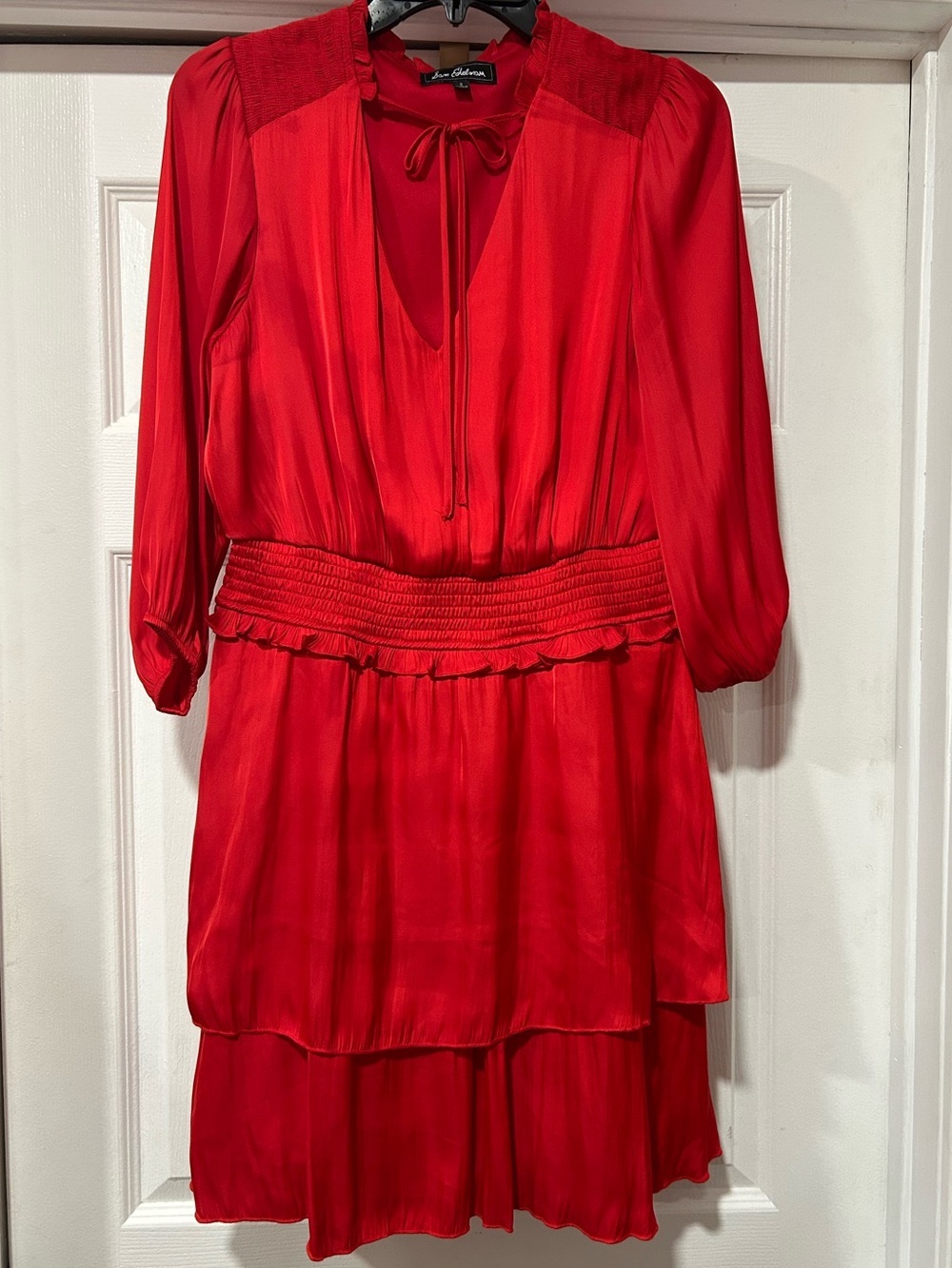 Sam Edelman Red Long-Sleeve Tiered V-Neck Dress